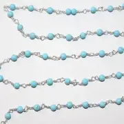Turquoise Rosary Chain, 3mm Rondelle Beads, Silver Plated, Gemstone Jewelry