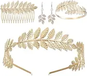 [XoeLLe] Pack of 5 Greek Goddess Costume Jewellery Set, Laurel Leaves Hair Accessories Girls, Gold Jewellery, Roman Goddess Headband, Upper Bangle Earrings, Laurel Wreath, Hair Clip, Boho Leaf