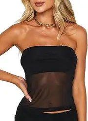 [Generic] Women's Sheer Mesh Tube Tops Strapless See Through Sleeveless Streetwear Crop Top