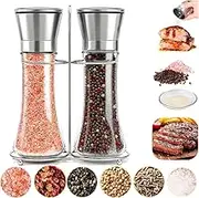 Deyagoo 2 Piece Salt and Pepper Mill Set - Adjustable Coarse and Fine Grinder With Filler Bottle - Table and Kitchen Glass Spice Mill (Glass)