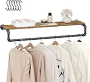 YATINEY Industrial Pipe Clothes Rack, 43.3in Wall Mounted, Rustic Brown & Black, Heavy Duty, 6 S Hooks, Bedroom, Living Room, Kitchen, Bathroom, Study