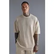 Mens Stone Oversized Drop Shoulder Open Stitch T-shirt