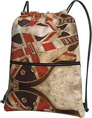 EdWal Guitar British Flag Print Drawstring Backpack Gym Bags Sports Bags With Zipper Pocket For Travel Beach, Black, One Size