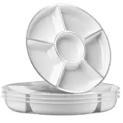 6 Sectional Round Plastic Serving Tray/Platters White & Silver Pack of 2