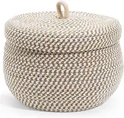 [POPETPOP] Hand Woven Basket- Cotton Rope Storage Basket with Lid Round Storage Bin Lidded Decorative Baskets for Home Decor Bedroom Laundry Nursery