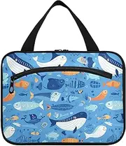 [sanluoli] Sea Animals Blue Marine Whales hanging travel kit for women with hook, designer expandablearge capacity makeup bag for women traveling camping bolso viajero para mujer, sea animals blue