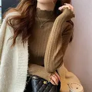 Ruffle Mock Neck Plain Ribbed Knitted Top Coffee - One Size