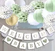 luckylibra Sage Green Baby Shower Decorations,Welcome Baby Banners Paper Lantern Paper Flower Pom Poms