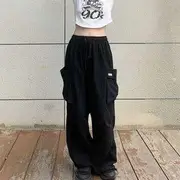 Mid Rise Drawstring Cargo Jogger Pants Black - 2XL