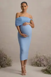 Jen | Powder Blue Bardot Twisted Maternity Midi Dress