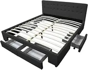 Julie PU Leather Queen Bed Frame 4 Storage Drawers Versatile Bedroom Furniture Stylish PU Faux Leather Upholstery Sturdy Timber Frame with Support Strut Spring Type Slats 93H x 163.5W x 215D CM Black
