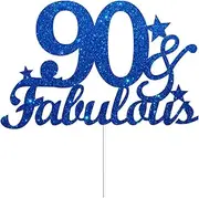 90 & Fabulous Cake Toppers Blue Glitter, Happy 90th Birthday Cake Topper Cheers to 90 Years Old Bday Decoration, Ninety and Fabulous Cake Decorations for 90 Birthday Anniversary Party