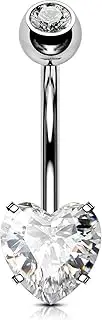 [OUFER] 14G Belly Button Piercing Titanium Heart Piercing Belly Button Long Short CZ Gemstone Balls Belly Button Piercing Navel Bars Silver 1.6 mm Navel Ring Woman Gift Jewellery