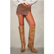 Tan Distressed Pu Point Toe Knee High Heeled Boots, Brown