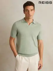 Reiss Sage Green Melange Duchie Merino Wool Open-Collar Polo Shirt (F74184) | $180