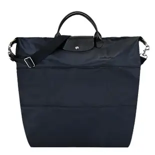 【LONGCHAMP】LE PLIAGE GREEN系列刺繡短把再生尼龍延展兩用旅行袋(黑)