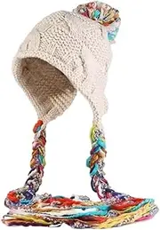 [DILINBAO] Winter Warm Peruvian Hat Colorful Tassel Earflaps Knitted Hat Cute Pompoms Crochet Beanie Hat Cap for Women Girls(Beige)