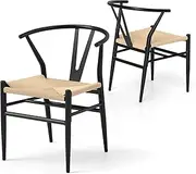 Giantex Wishbone Dining Chair Set of 2, Mid-Century Modern Weave Armchairs w/Y-Shaped Backrest, Woven Twine Seat, Armrest, Rattan Accent Chair for Dining Room Kitchen Home Office (Natural & Black)