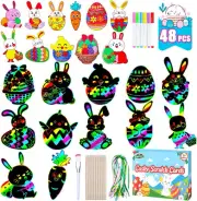 Max Fun Easter Crafts Kit Rainbow Color Scratch Paper Easter Ornaments (48 Count