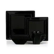16 Pcs Square Beaded Stoneware Dinnerware set - Black, 16 Piece, Square Beaded