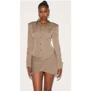 Mushroom Structured Woven Wrap Shirt Dress, Mushroom