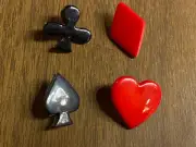 4 Lucite Card Figures Ace Spade Heart Club Casino Gambling BUTTONs 7/8" NOS