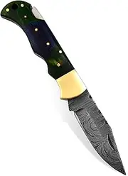 Folding Knife with Sheath, Hunting and Outdoor Use, ROSEWOOD Handle and Brass Guard, Handmade Custom Design Folding knife, Cool Pocket Knife Good For Indoor & Outdoors Activities (Green&Blue Handle)
