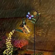 Metal Watering Can Lantern, 2 Modes Solar Watering Can Light with Shepherd Hook, Waterproof Butterfly Hanging Lanterns for Patio Yard Lawn Decorations