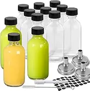 12 juice glass bottles set with lids,60ml small glass container with lid,spice jar, juice bottle,2oz travel sample bottle, Mini Travel Bottles,with 3 stainless steel funnels, stickers, cup brush, pen