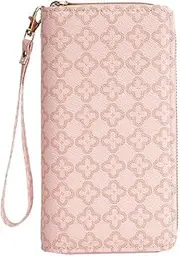 [Generic] Large-Capacity Double-Zip Women's Wallet. It has a Pink Leather Printed Pattern, Comes with a Wrist Strap and Multiple Card Slots.