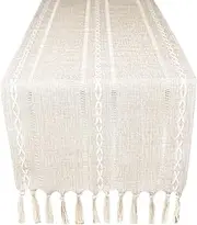 Yicorgard Linen Table Runner Rustic Farmhouse Style 33 x 160 cm, Striped Linen Cream Table Runner 60 Inches Long with Tassels for Dining Room Kitchen Reading Dresser Décor,Cream