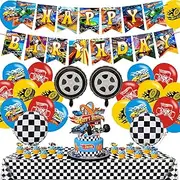 Race Car Birthday Party Decorations ,Hot Race Car Birthday Party Favor with Banner, Ballons,Cake Topper,Tablecover, Cupcake Toppers for Boys Girls Baby of Race Car Party Supplies