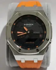 Casio G-shock Ga-2100 Custom Mod with black Dial and Orange Rubber Strap.