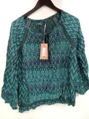Prana Tacana L Peasant Boho Print Teal Blue Crochet Tie Front Blouse Top #X3A
