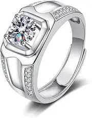 [Jewlure] s925 Sterling Silver Men's Ring, One Carat 5A Cubic Zirconia, Wedding, Engagement, Father's Day, Valentine's Day Gift - Size Adjustable - With Gift Box