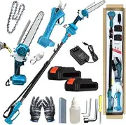 4-in-1 Pole Saw & Pruning Shears, Mini Chainsaw with Oiler, with 2 Batteries, Replacement Chains & Extension Pole, for Wood Cutting Trees Trimming Branch Pruning