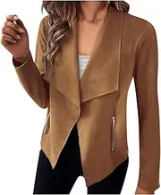 [Generic] Women's 2025 Long Sleeve Open Front Cropped Faux Suede JacketsBrown,S