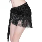 Women Hollow Out Wrap Hip Scarf Skirt Sequins Fringe Tassel Belly Dancing Skirt
