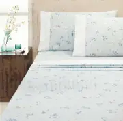 Isla Blue Strip SINGLE Bed Flannelette Sheet Set Cuffed & Piped 100% Cotton
