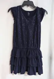 The Children’s Place Girl's Navy Sequins Tiered Ruffle Sleeves Dress - XL ( 14 )