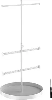 DNAMYJME Rings Display Towers Firm Jewelry Storage Rack Adjustable 3-Tier Metal Tree Necklace Display Large-Capacity Jewelry Holder Versatile Jewelry Organizer for Dresser(White)