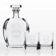 Whiskey Decanter Rocks Glasses Gift Set Sugar Skull Clear Glass Kitchen 3 Piece