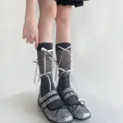 Women Ribbed Mesh Spliced Calf Socks Ribbon Bowknot Loose Long Socks