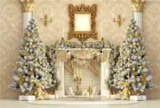 VICTORIAN CHRISTMAS FABRIC BACKDROP 7' X 5' WHITE GOLD MANTLE FLOCKED TREE #S32
