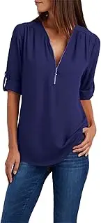 [Suhorseful] Womens Half Zip Up Shirts Chiffon Casual Long Sleeve Solid Color Blouses Office Work Golf Polo Tshirt, Navy, Medium