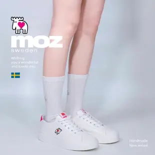 【moz】瑞典駝鹿 舒適皮質 愛心小白鞋 休閒鞋 法式刺繡(白/桃紅)