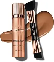 LUMINESS Silk Airbrush Spray Foundation & Buffing Brush Kit – Full Coverage Foundation & Dual-Sided Buffing Brush - Buildable Coverage, Anti-Aging Formula Hydrates & Moisturizes (Shade - Tan)