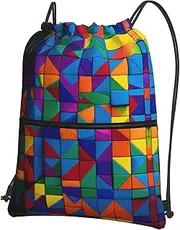 EdWal Colorful Brick Print Drawstring Backpack Gym Bags Sports Bags With Zipper Pocket For Travel Beach, Black, One Size