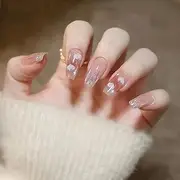 Press on Nails Medium, Glossy Fake Nails Full Cover Acrylic Nails Cloud Star False Nails French Artificial Nails with Glitter Design Starry Sky Glue on Nails Nude Reusable Stick on Nails for Women