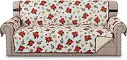 Smarcute Sofa Cover Christmas Couch Covers 3 Seater Reversible Couch Covers Soft Quilted with Non Slip Strap, Furniture Protector for Pets/Dogs/Kids, Sofa, Red Poinsettia/Beige